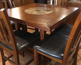 square inlaid drop-leaf high-top table with center lazy Susan and 6 chairs