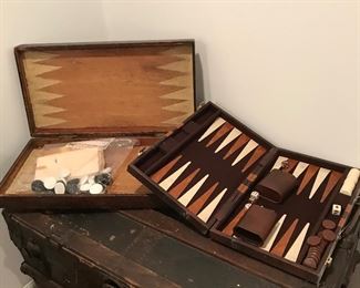 Vintage backgammon board; more current backgammon board