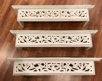 Set of 3 decorative white distressed shelves