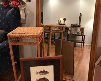 Mirror, rattan stand and fish wall art