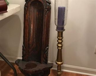 Tall Brass candlestick,  Black forest wood shelf