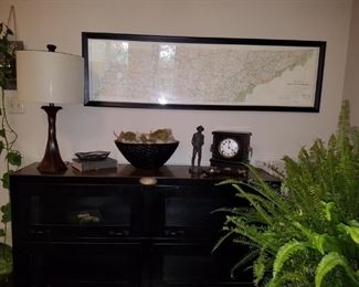 Metal barrister bookcase and framed map of Tennessee