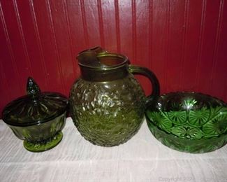 3 piece Varied Green Depression Glass
