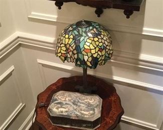 vintage FRENCH INLAID AND CARVED SIDE TABLE, NO PROBLEMS, $ 200, SMALL TIFFANY STYLE LAMP PRICE $100
