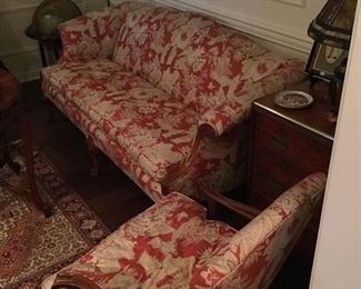 VINTAGE CHIPPENDALE SOFA AND OPEN ARM CHAIR