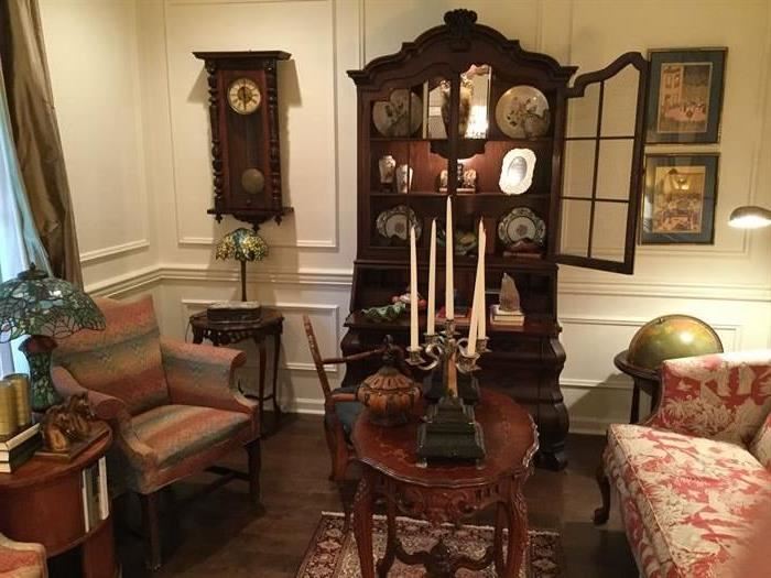 ANTIQUE VIENNA REGULATER WALL CLOCK, DO NOT KNOW IF IT WORKS,BEAUTIFUL  SIZE TO COME SOON BUT LARGE    PRICE $750          HENREDON   FRENCH STYLE SECT DESK WITH BOMBED LOWER SECTION  BEAUTIFUL AND GREAT CONDITION, LIGHTED TOP WITH WIRE GRILL INCERTES   PAIR OF CHINESE CHIPPENDALE STYLE CHAIRS  PRICE $650 PAIR
