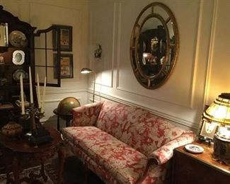 CHIPPENDALE SOFA, VINTAGE BEAUTIFUL FABRIC IN GREAT CONDITION. PRICES $495 AND CHAIR $295, OVAL GOLD LEAF MIRROR , BEAUTIFUL PRICE $400