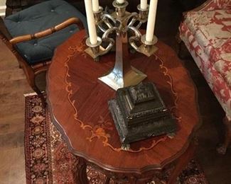 FRENCH STYLE CARVED AND INLAID TEA TABLE OR CENTER TABLE, NEEDS A LITTLE HELP WITH FINISH ON TOP PRICE $285, AS IS. ORIENTAL RUG IS 40 BY 60 INCHES, IN PERFECT CONDITION PRICE $295,