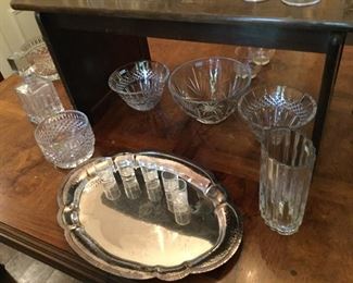 A GREAT SILVERPLATED TRAY WITH HAMMERED BORDER AND PART OF OUR WATERFORD AND MARQUIS CRYSTAL