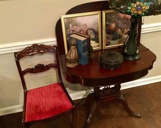 A VINTAGE MAHOGANY FLIP TOP GAMES TABLE ON A LYRER BASE ON BRASS PAW FEET GREAT CONDITION PRICE $285 CHAIR PRICE $90