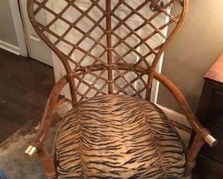 PAIR OF VINTAGE BALOON BACK RATTAN CHAIRS WITH TIGER FABRIC PERFECT CONDITION PRICE $500 FOR THE PAIR