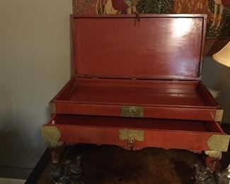 INSIDE VIEW OF RED LACQUER CHEST