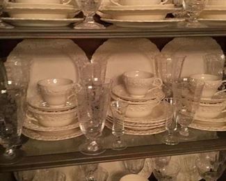 SET OF VINTAGE WEDGEWOOD QUEEN"S WARE NOT COMPLETE BUT WITH CREME SOUPS DINER PLATES, ETC PRICE $285 FOR SET. VINTAGE SET OF CRYSTAL BEAUTIFULLY ETCHED SET $210