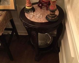 PAIR OF LARGE ASIAN STYLE ROUND STANDS WITH MARBLE INSERTS PRICE $250 EACH