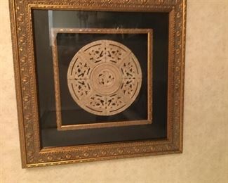CARVED HARD STONE DISK FRAMED IN GOLD LEAF SMALLER THAN THE LAST SHOWN SMALLER $ 275 SIZE 23X23