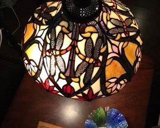 SMALL TIFFANY STYLE LAMP WITH DRAGON FLIES PRICE $210 LIGHTED BASE
