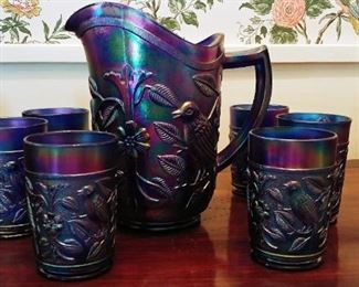 Imperial Carnival Glass Cobalt Blue Pitcher Set. 