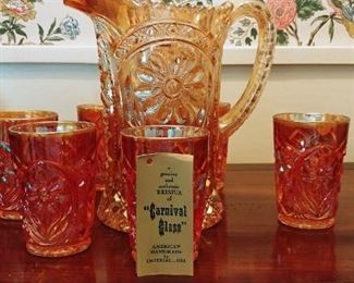 Imperial Marigold Carnival Glass Pitcher Set