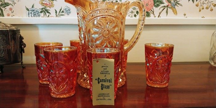 Imperial Marigold Carnival Glass Pitcher Set
