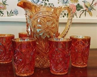 Imperial Marigold Carnival Glass Pitcher Set