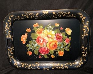 VINTAGE LARGE NASHCO STYLE 27" TOLEWARE TRAY HAND PAINTED METAL SERVING TRAY 