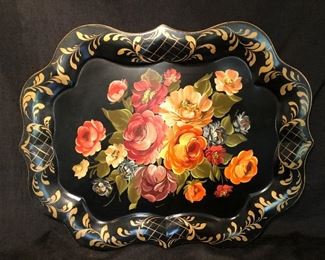 VINTAGE LARGE NASHCO STYLE 27" TOLEWARE TRAY HAND PAINTED METAL SERVING TRAY 