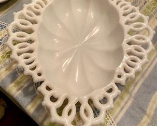 Vintage Milk Glass Bowl RARE SHAPE Lace Edge Fancy Unusual 