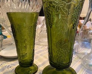 Green pattern glass vases