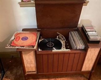 Vintage record player and albums