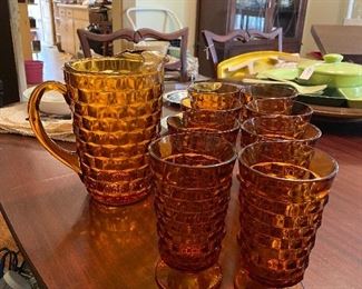 Amber American Fostoria pitcher and glasses