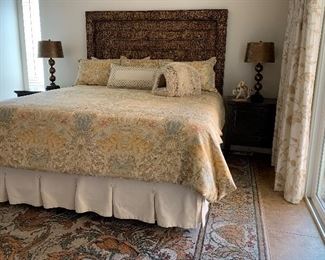 Stunning Hand Carved King Bed from Indonesia, Area Rug, Bedding, Nightstands, Table Lamps