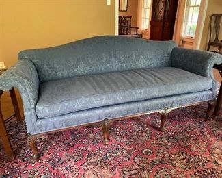 Damask covered down cushion wonderful old Chippendale style sofa