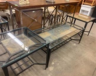 Glass Top and Iron Base Coffee Table with end Tables 