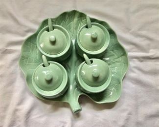 $25 Leaf shaped platter and sauce serving bowls.  Platter approx 10" x 10".  Bowls each 3" diam, 3" H. 