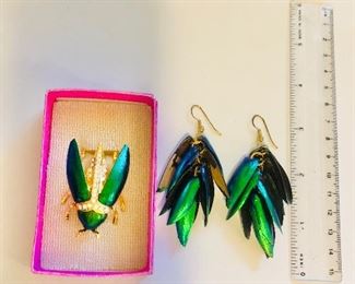 $40 Beetle pin and earrings set.  Pin 1.75" L, 1.25" W; earrings each 3" L.  