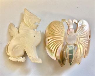 $50 Mother of pearl pin and butterfly barrette missing stick (AS IS ).  Pin 2" W x 2.75" H; barrette 2.5" W x 2.25" H. 