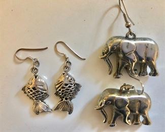 $10 each Fish and elephant earrings.  Each approx 2" L.  Fish earrings SOLD 