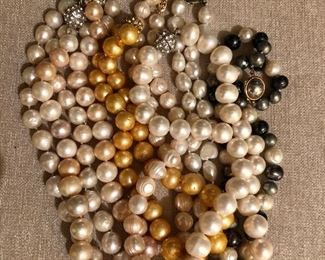 $30  Each strand  - Detail.  Range 14" to 18 " long  (black and white pearls, white pearls  on far right SOLD). Yellow pearls SOLD 