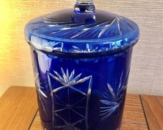 $30 Blue cut glass covered canister.  10" H, 7" diam. 