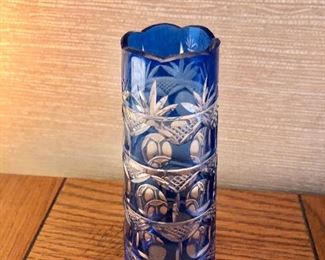 $30 Blue cut glass vase. 7" H. 