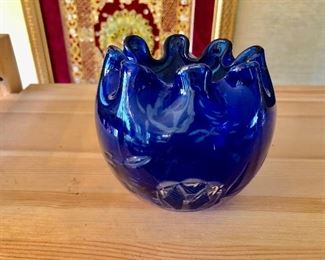 $30 Blue glass vase with fluted rim.  4.5" H, 4.5" diam. 