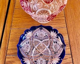 $30 each - Colored cut glass bowl and dish.  Bowl: 4" H, 6" diam;  dish: 6" diam. 