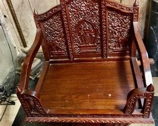 $250 Elephant carved chair  (small chip in seat).  28" W, 22.5" D, 37" H. 