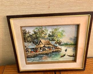  $100 House on River Klong signed painting 13.25" W x 11.25" H. 