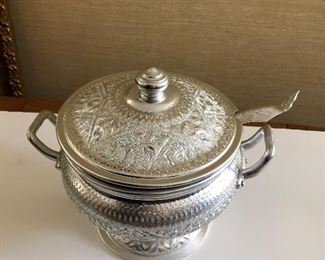 $35 Metal rice bowl with lid and serving spoon.  9" diam, 10" H. 