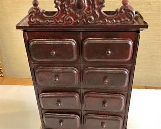 $60 Metal jewelry chest 8 drawers.  9" W, 3.5" D, 14.5" H.  
