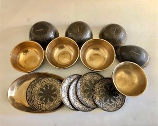 $75 Set of 7 Brass Rice bowls and coasters and more.  Average size of bowls is 4" diam.  