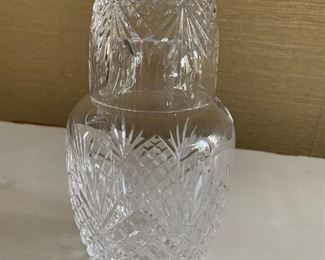 $25 Crystal carafe  with glass.  Approx 4" diam,  6" H.  
