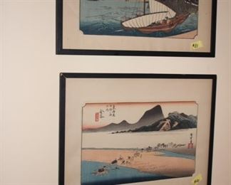 Many Japanese woodblock prints - some by Utagawa Hiroschige from the series "Fifty three Stations of the Tokaido"