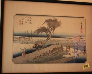 Many Japanese woodblock prints - some by Utagawa Hiroschige from the series "Fifty three Stations of the Tokaido"